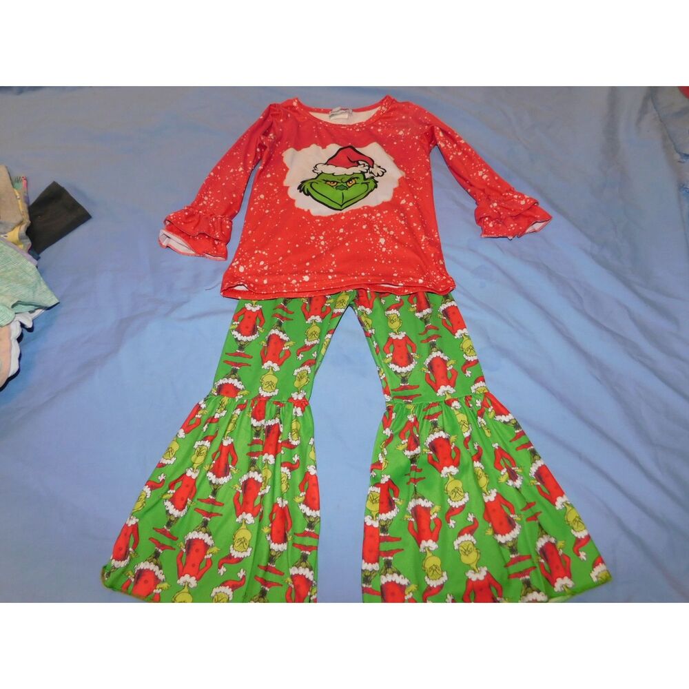 Savana Grinch 3T Boutique Outfit So Cute Big Bell Bottoms Double Ruffle Sleeves